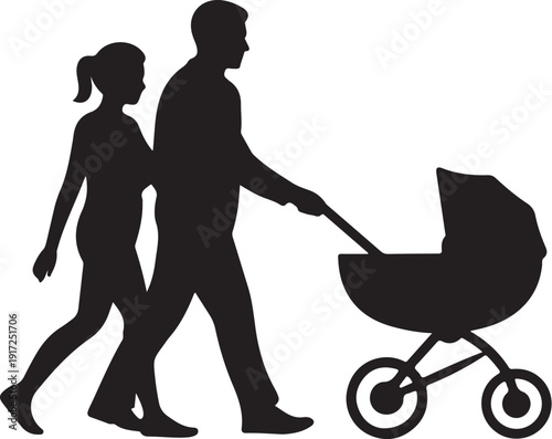 Silhouette of family with stroller walking together