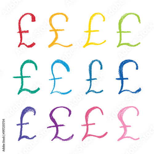 Set of hand drawn british pound currency symbol. Brush stroke doodle. Single element for design