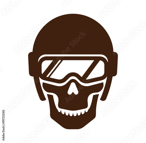 brown skull wearing motorbike helmet and goggles icon