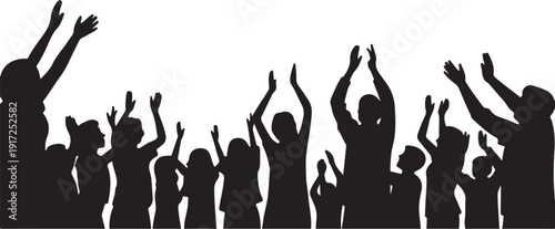 Silhouette of people raising hands in celebration crowd