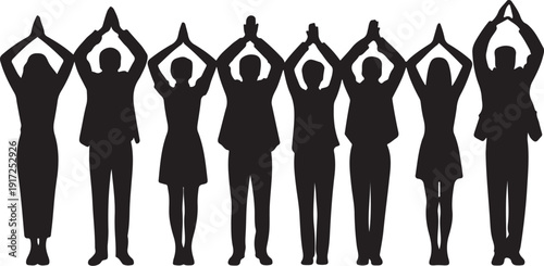 Silhouette of people raising hands in different poses