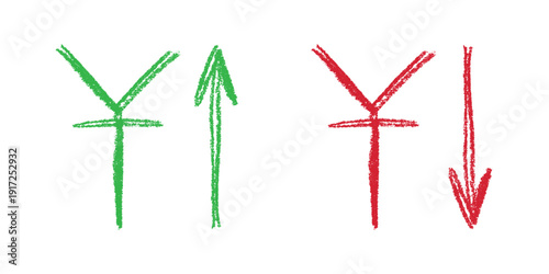 Hand drawn chinese yuan currency symbol Growth and fall profit with arrow up and down Brush stroke doodle Element for design