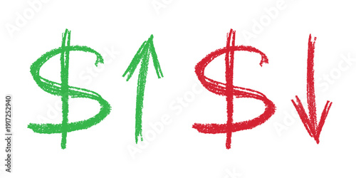 Hand drawn dollar currency symbol Growth and fall profit with arrow up and down Brush stroke doodle Element for design