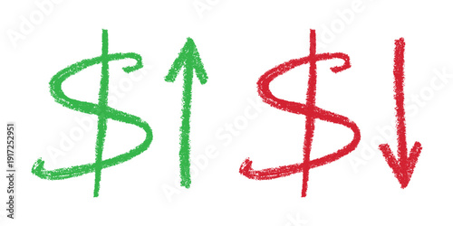 Hand drawn dollar currency symbol Growth and fall profit with arrow up and down Brush stroke doodle Element for design