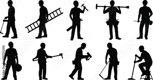 Black silhouette set of professional construction workers with ladders hammers tools and equipment performing manual labor isolated on white background for industrial building site design