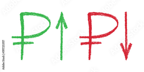 Hand drawn russian ruble currency symbol Growth and fall profit with arrow up and down Brush stroke doodle Element for design