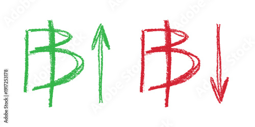 Hand drawn thai baht currency symbol Growth and fall profit with arrow up and down Brush stroke doodle Element for design