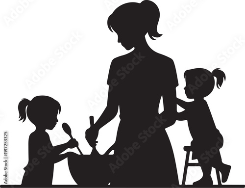 Silhouette of woman and two children cooking together