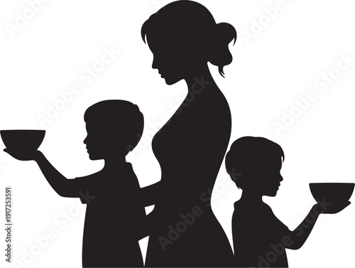 Silhouette of woman and two children holding bowls