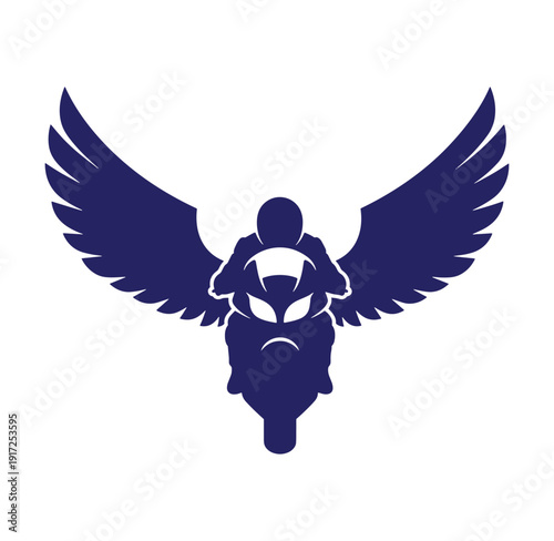 Dark blue silhouette of a motorcyclist with large wings riding a motorcycle