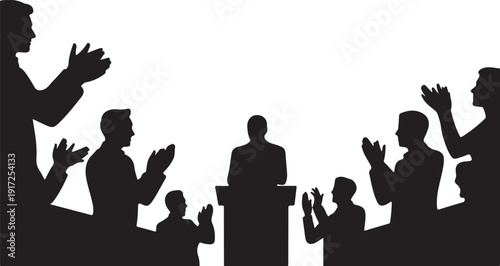 Silhouettes of people applauding a speaker at a podium