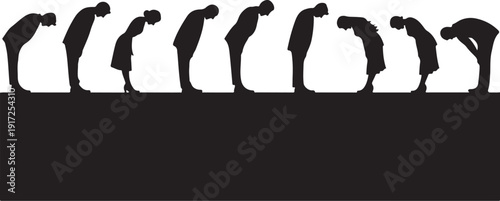 Silhouettes of people bending over in a row black