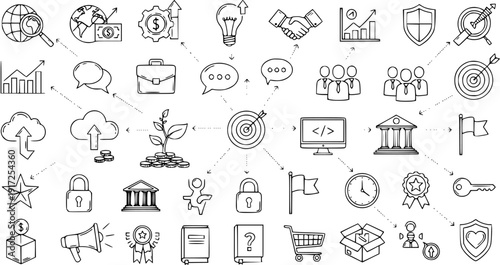Hand-drawn Business Infographic Doodle Icons Set. Connected sketches illustrating finance, technology, security, growth, communication, and management concepts.