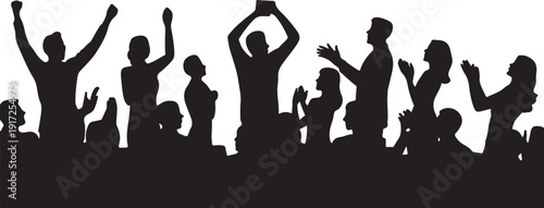 Silhouettes of people celebrating with raised arms and hands