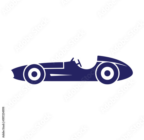 Vintage racing car with driver silhouette on white background