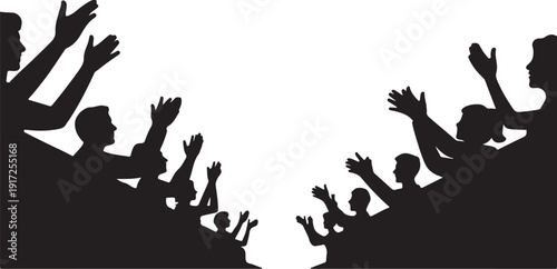 Silhouettes of people cheering with raised hands crowd