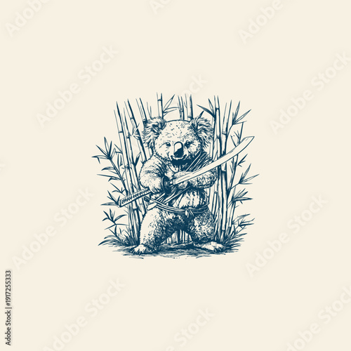 Vintage engraving illustration of a brave koala samurai warrior holding a katana sword in a bamboo forest, isolated on a white background.