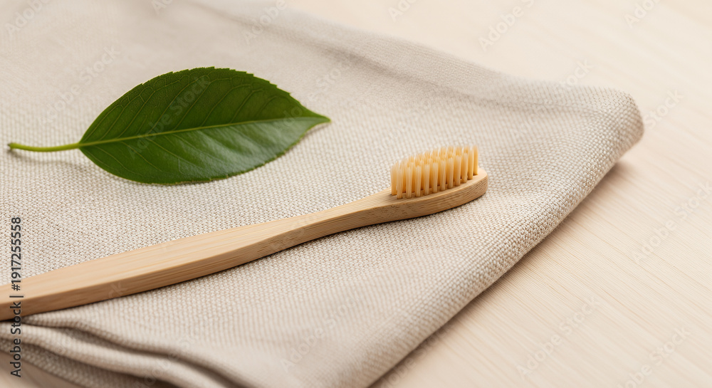 custom made wallpaper toronto digitalBamboo toothbrush and green leaf on a beige cloth, showcasing eco-friendly oral care on a wooden surface from a high angle