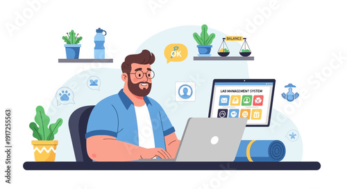 Man working on laptop in modern home office with plants and desk accessories