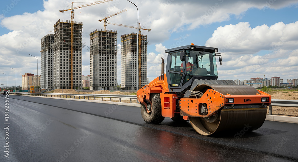 custom made wallpaper toronto digitalRoad roller compacts asphalt on highway construction site with skyscrapers in background under cloudy sky