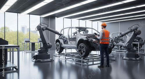 Wallpaper Mural Engineer in orange vest inspecting car chassis on robotic assembly line in modern factory with automated machinery and large windows Torontodigital.ca