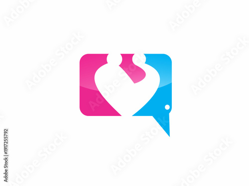 Modern chat icon with human silhouettes and heart symbol. Vector illustration for social media, relationship apps, customer care, and psychological therapy branding.