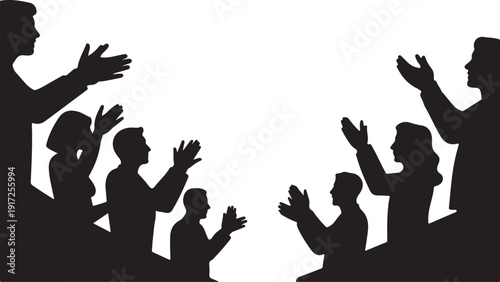 Silhouettes of people clapping with hands raised black and white