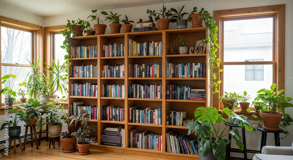 custom made wallpaper toronto digitalA serene indoor scene with a vast wooden bookshelf surrounded by lush potted plants in a bright room