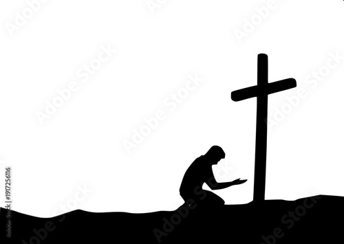 Minimal black cross with white human silhouette arms stretched, crucifix pose, vector illustration, white background
