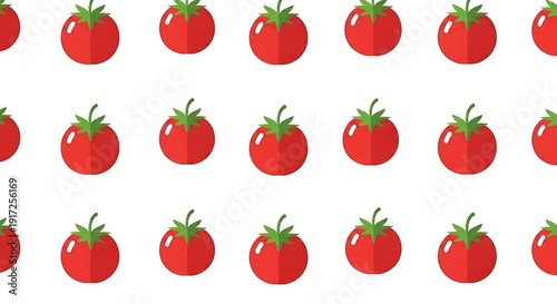 A bright and cheerful seamless pattern background features rows of simple red tomato illustrations with green stems on a clean white backdrop.