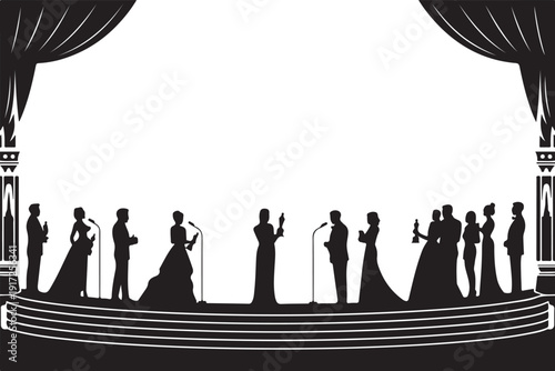 Silhouettes of people on stage with microphones and awards