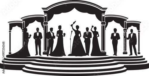 Silhouettes of people on stage with microphones and columns