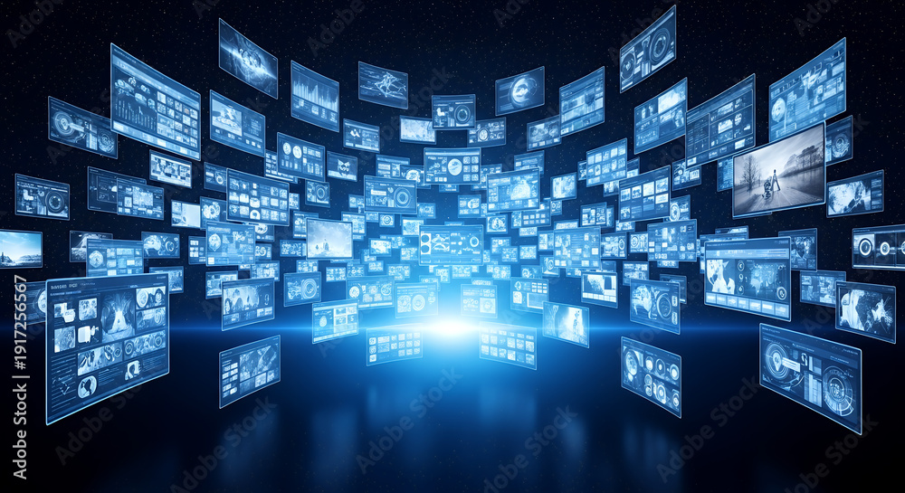 custom made wallpaper toronto digitalMultiple screens displaying various media content in a dark room with blue illumination from the screens