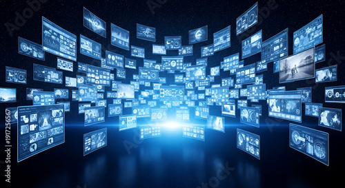 Wallpaper Mural Multiple screens displaying various media content in a dark room with blue illumination from the screens Torontodigital.ca