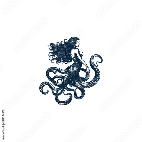 Mythological vintage engraving of a beautiful mermaid with octopus tentacles instead of a tail, isolated on a white background in a detailed hand-drawn sketch style.