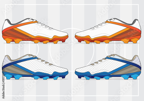 A pair of colorful soccer cleats displayed from multiple angled perspectives
