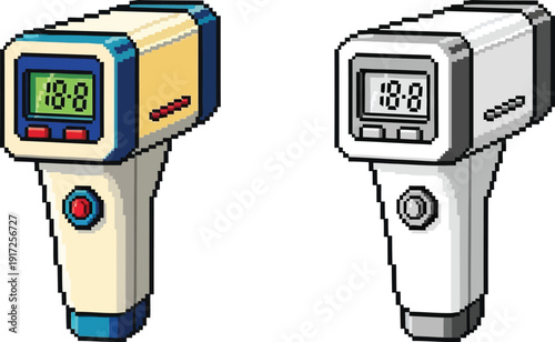 Pixel art illustration of two handheld digital thermometers, one colored and one grayscale, displaying a temperature of 18.8.