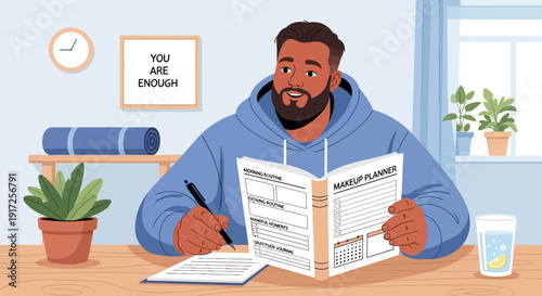 Man calmly writing in a planner at a desk with plants and a yoga mat