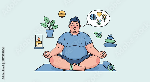 Man Meditating for Wellness and Mindfulness with Symbols of Growth and Health