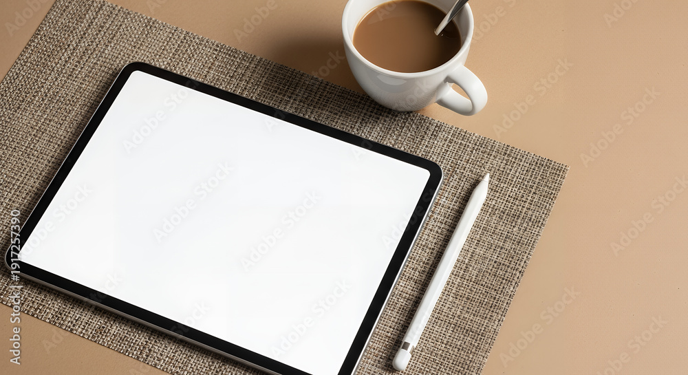 custom made wallpaper toronto digitalA tablet and stylus on a woven placemat next to a cup of coffee on a beige table viewed from above