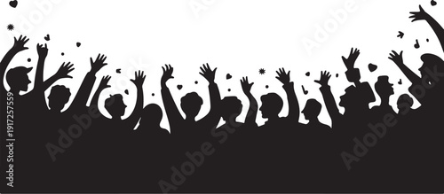 Silhouettes of people raising hands with floating hearts and stars