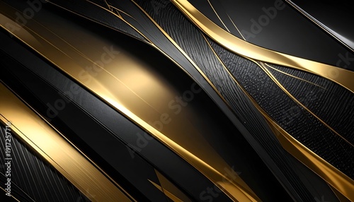 Abstract composition of black and gold flowing shapes with textures