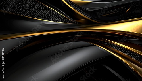 Abstract 3D rendering with flowing gold and black metallic lines and textured accents
