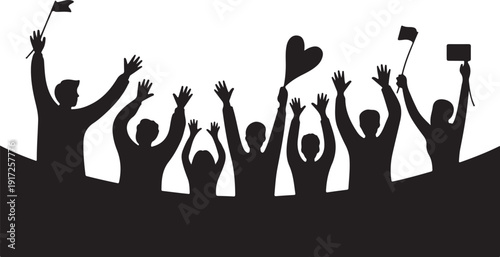 Silhouettes of people raising hands with in a crowd