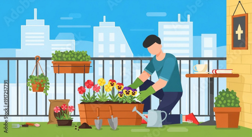 Man gardening on balcony with city view watering colorful flowers in planters