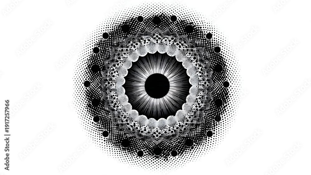 Fototapeta premium Vintage microphone on stage with spotlights rendered in black-white halftone dots background, dense dots for shadows, sparse for highlights