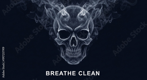 Smoke skull with horns and breathe clean text on dark background symbolizing danger and pollution awareness