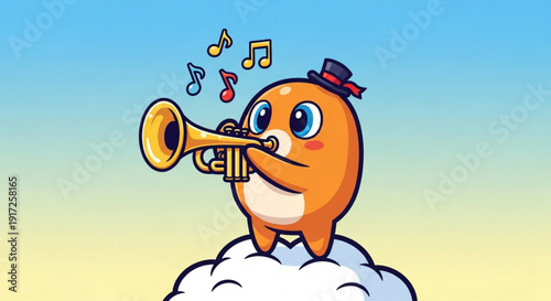 Cheerful orange character playing trumpet on cloud with music notes joyful and lively scene