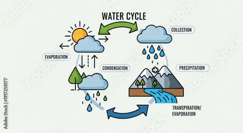 Water cycle process diagram with evaporation condensation precipitation collection and transpiration stages illustrated