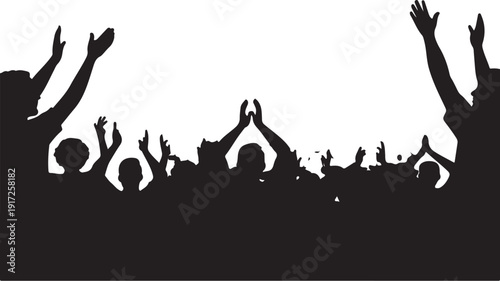 Silhouettes of people with raised hands against white background